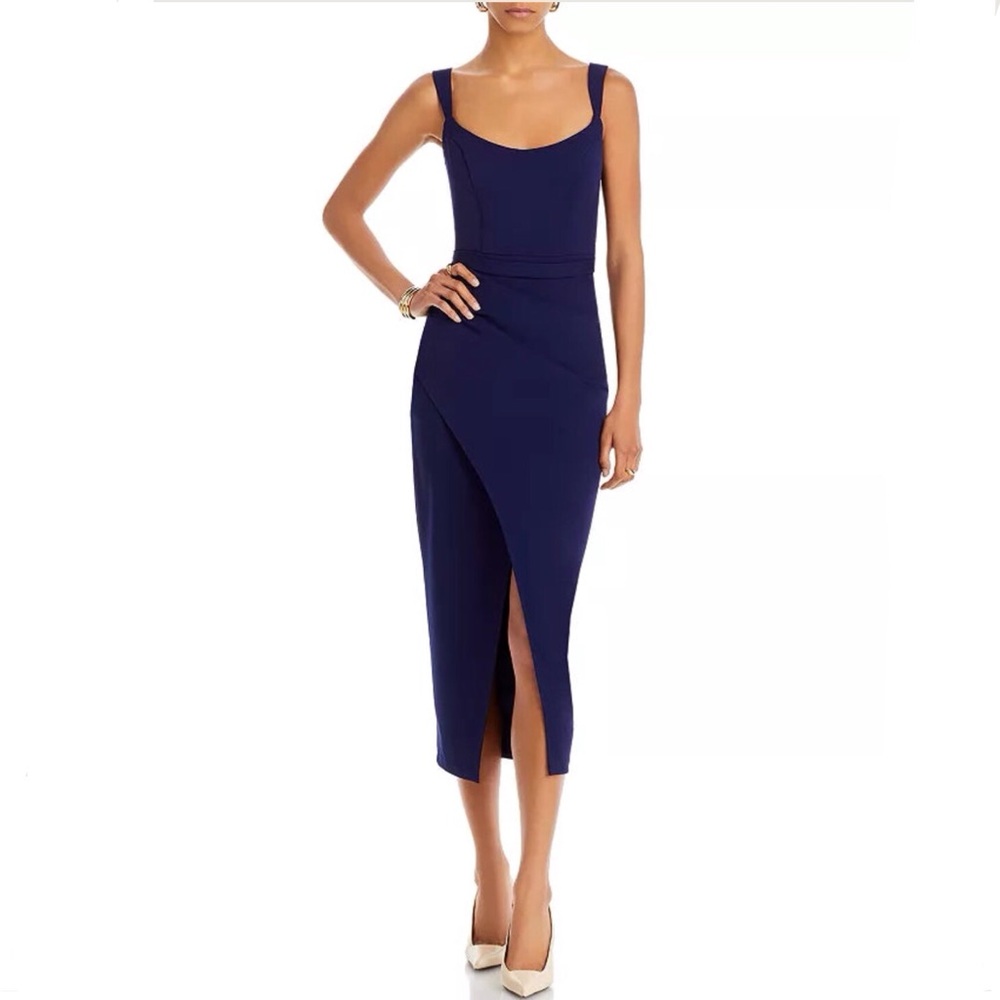 Bloomingdale AQUA Midi Dress Faux Wrap Scoop Neck Cocktail Blue Size 12